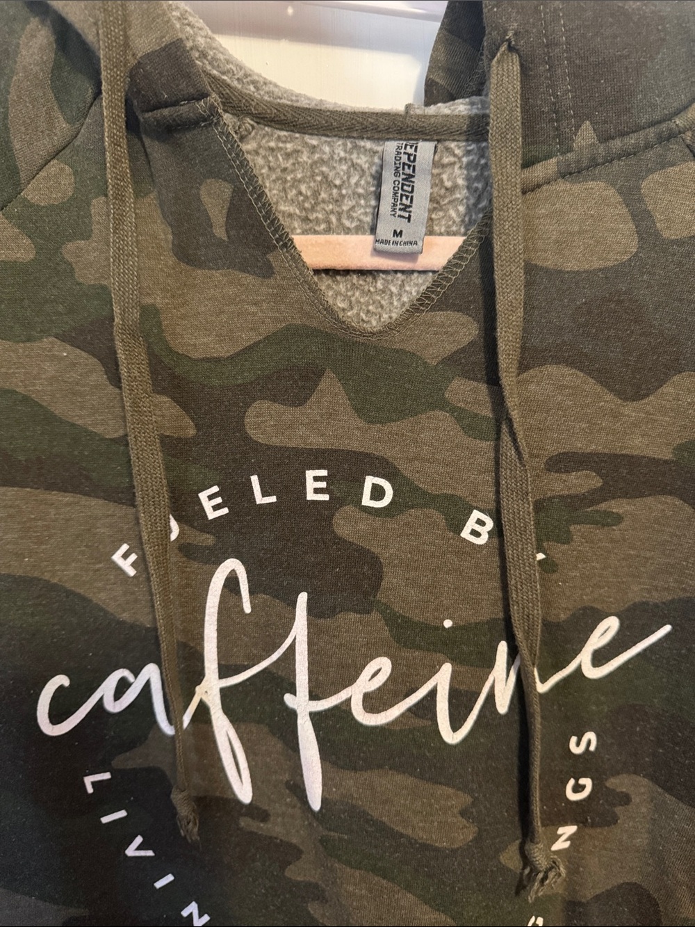 “Fueled by Caffeine Living in Leggings” fleece hoodie - Camo Green - Picture 2 of 6
